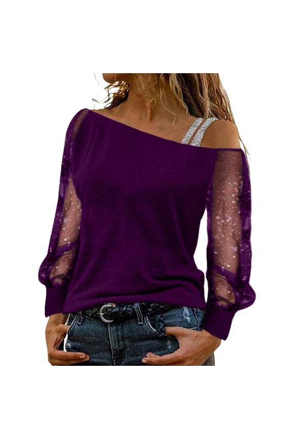 Off Shoulder Top for Women Long Sleeve Lace Detail Lightweight Pullover Boho Chic Casual Shirt XXXL Size Purple