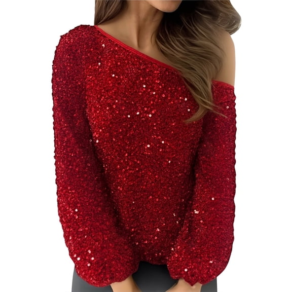 ManxiVoo Off The Shoulder Sequin Top Women Elegant Blouse with Shiny Bead Details Holiday Party Wear for Night Out and Celebrations L Size Red