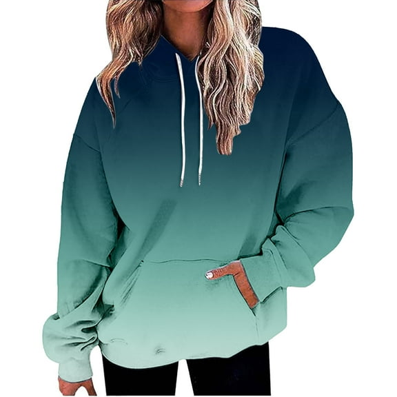 ManxiVoo Oversized Gradient Print Hooded Sweatshirt Women Casual Loose Long Sleeve Pullover with Pockets Fashion Tops L Size Mint Green