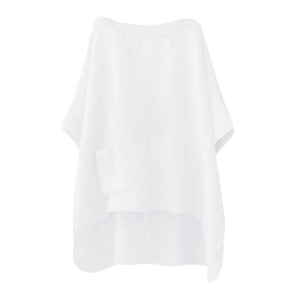 ManxiVoo Oversized Pocket Tshirt for Women Cotton Linen Blend Casual Summer Top Unique Irregular Hem Loose Fit Crewneck Everyday Tee L Size White