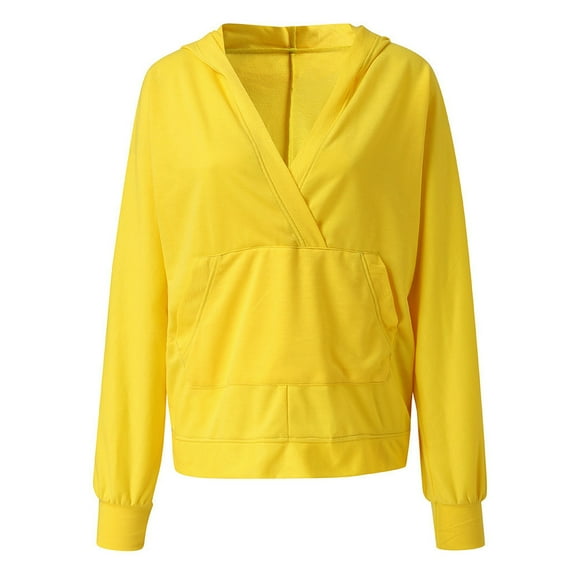 ManxiVoo Oversized V Neck Pocket Hoodie Women's Long Sleeve Sweatshirt Cozy Pullover for Spring and Fall S Size Yellow