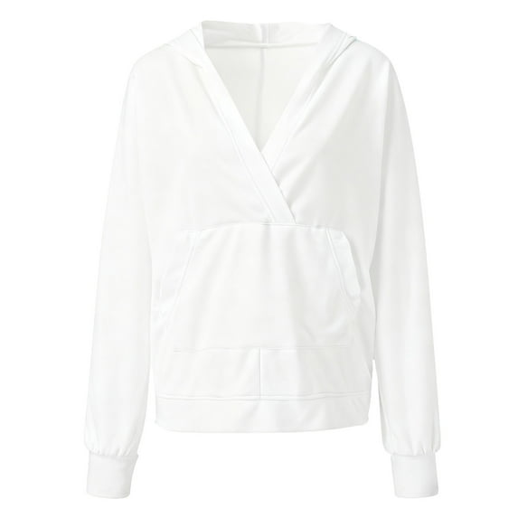 ManxiVoo Oversized V Neck Pocket Hoodie Women's Long Sleeve Sweatshirt Cozy Pullover for Spring and Fall XXL Size White