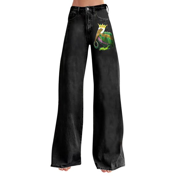ManxiVoo Plus Size Printed Pants for Women Loose Fit Flare Leg Carnival Jeans Style Casual Wide Leg Trousers L Size Black