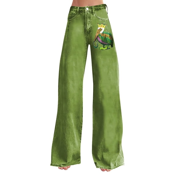 ManxiVoo Plus Size Printed Pants for Women Loose Fit Flare Leg Carnival Jeans Style Casual Wide Leg Trousers M Size Green