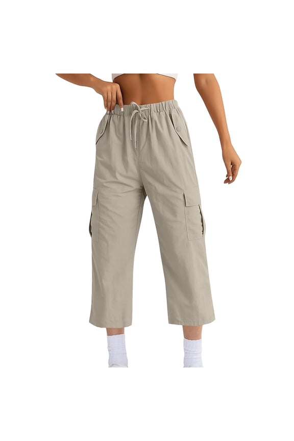 Plus Size Women's Wide Leg Cargo Pants Summer Quick Dry Outdoor Hiking High Waist Adjustable Waistband Capri Trousers XL Size Beige