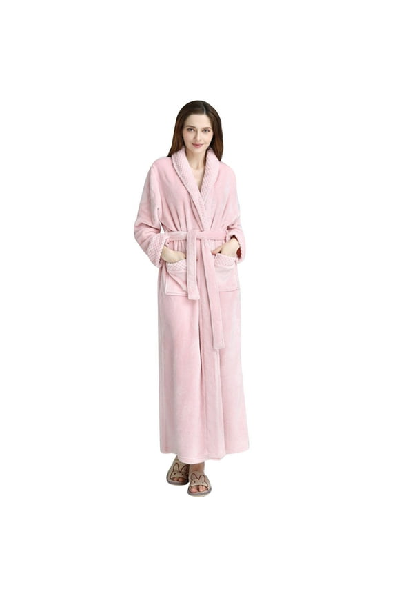 Plush Long Robe for Women Cozy Sleepwear Soft Terry Cloth Bathrobe Lounge Wear M Size Pink