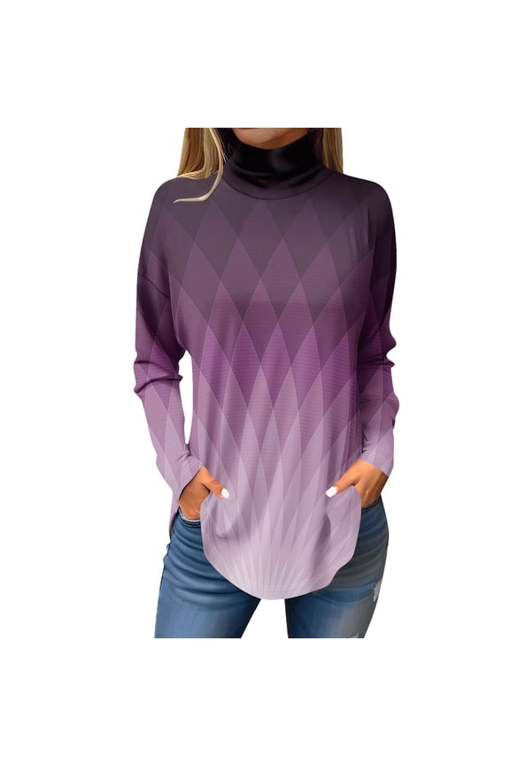 Printed Turtleneck Long Sleeve Top for Women Loose Fit Cozy Lightweight Tee Winter Comfort Wear and Fall Fashion L Size Purple