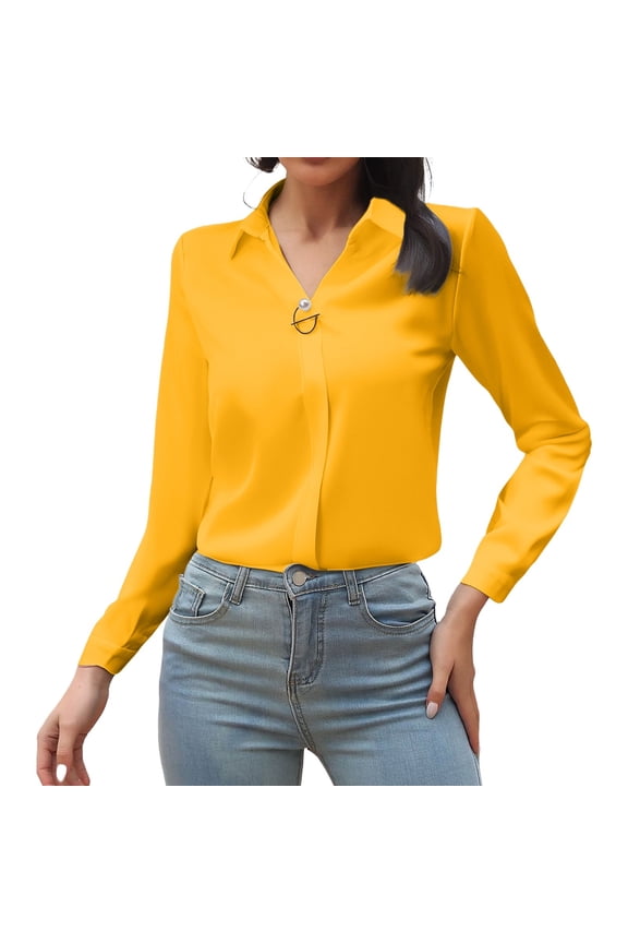 Professional V-Neck Satin Finish Blouse for Women Wrinkle Resistant Business Casual Shirt Imitation Silk Elegant Office Wear XXL Size Yellow