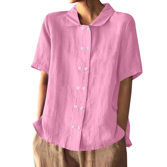 ManxiVoo Relaxed Fit Double Breasted Blouse for Women Lightweight Breathable Short Sleeve Top for Casual Comfort XXL Size Pink
