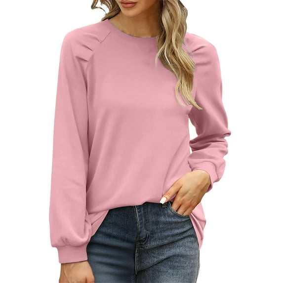 ManxiVoo Relaxed Round Neck Pullover with Puff Sleeves Casual Loose Fit Womens Hoodie Soft Comfortable Solid Color Streetwear Style XL Size Pink