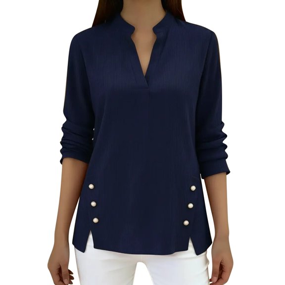 ManxiVoo Relaxed Top for Women V Neck Button Down Long Sleeve Loose Fit T-Shirt Casual Fall Winter Layering Piece L Size Dark Blue