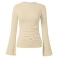 thumbnail image 1 of ManxiVoo Ribbed Boat Neck Bell Sleeve Top for Women Long Sleeve Ruched Detail Y2K Inspired Going Out Tops 2025 Trendy Casual Wear L Size Beige, 1 of 8