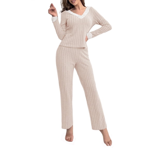 ManxiVoo Ribbed Knit Pajama Set Soft Pullover Top and Relaxed Fit Pants for Women Cozy Loungewear L Size Beige
