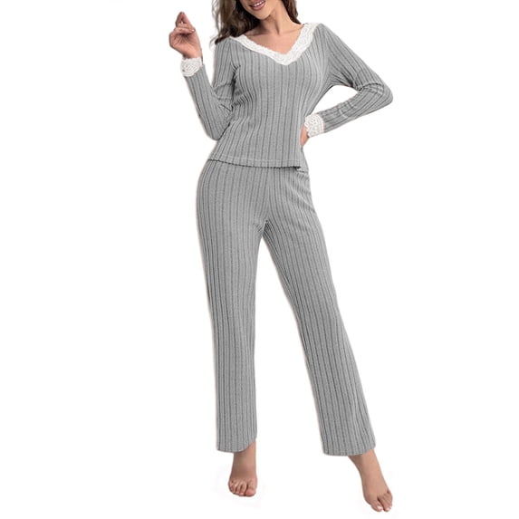ManxiVoo Ribbed Knit Pajama Set Soft Pullover Top and Relaxed Fit Pants for Women Cozy Loungewear M Size Grey