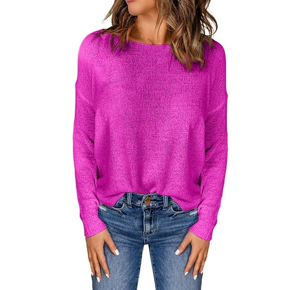 ManxiVoo Round Neck Long Sleeve Sweater Top for Women Autumn Winter Casual Soft Warm Knitwear L Size Hot Pink