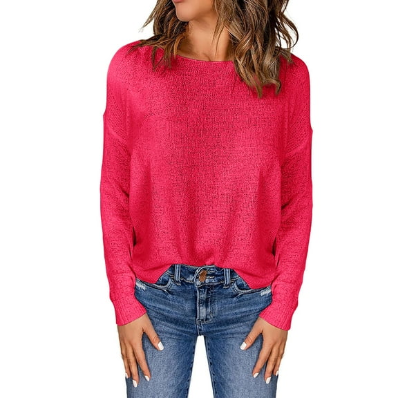 ManxiVoo Round Neck Long Sleeve Sweater Top for Women Autumn Winter Casual Soft Warm Knitwear L Size Red