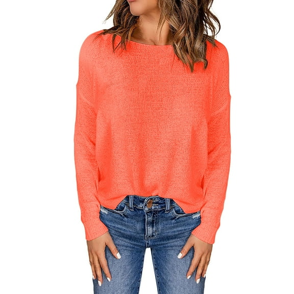 ManxiVoo Round Neck Long Sleeve Sweater Top for Women Autumn Winter Casual Soft Warm Knitwear XXXL Size Orange