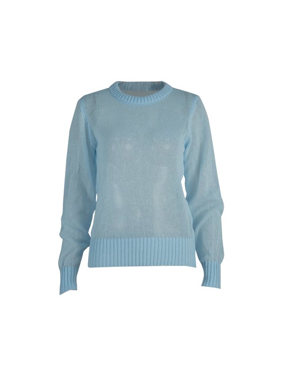 Round Neck Slim Fit Pullover Sweater Women Long Sleeve Mohair Blend Lightweight Semi-Sheer Knit Elegant Layering Top L Size Blue