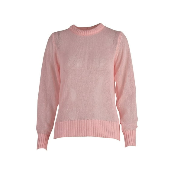 ManxiVoo Round Neck Slim Fit Pullover Sweater Women Long Sleeve Mohair Blend Lightweight Semi-Sheer Knit Elegant Layering Top L Size Pink