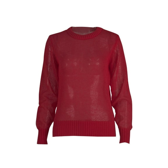 ManxiVoo Round Neck Slim Fit Pullover Sweater Women Long Sleeve Mohair Blend Lightweight Semi-Sheer Knit Elegant Layering Top L Size Red