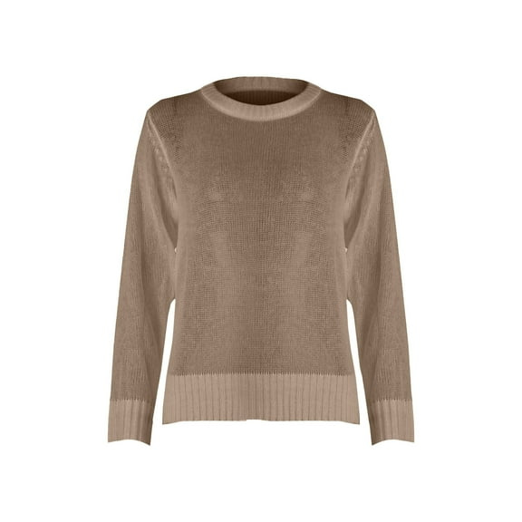 ManxiVoo Round Neck Slim Fit Pullover Sweater Women Long Sleeve Mohair Blend Lightweight Semi-Sheer Knit Elegant Layering Top M Size Khaki