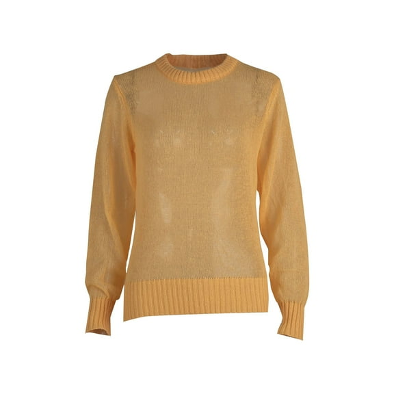 ManxiVoo Round Neck Slim Fit Pullover Sweater Women Long Sleeve Mohair Blend Lightweight Semi-Sheer Knit Elegant Layering Top M Size Yellow