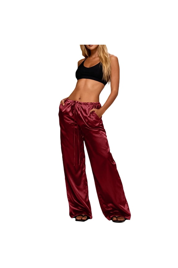 Satin Wide Leg Pants for Women Fluid Draping Trousers Effortless Dressy Pants for Evening and Special Occasions M Size Red
