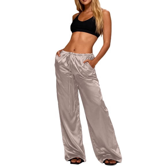 ManxiVoo Satin Wide Leg Pants for Women Fluid Draping Trousers Effortless Dressy Pants for Evening and Special Occasions M Size White