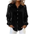 thumbnail image 1 of ManxiVoo Sequin Button Down Shirt for Women Long Sleeve Casual Top with Padded Detail Sparkle Blouse for Dinner Out L Size Black, 1 of 8