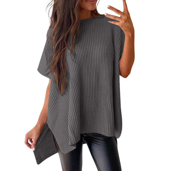ManxiVoo Short Sleeve Crewneck Sweater for Women Lightweight Casual Knit Top Perfect for Spring and Fall Transitional Weather L Size Dark Gray