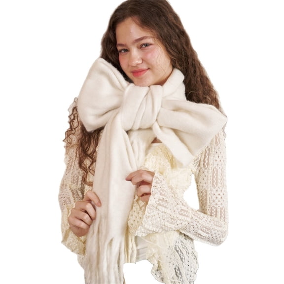 ManxiVoo Soft Plush Scarf Wrap For Cold Weather With Adjustable Bow Design Women's Neck Warmer And Fashionable Winter Accessory White
