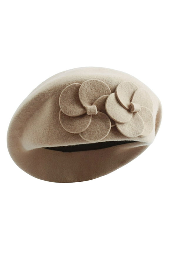 Soft Wool Beret Hat for Women Warm French Style Design with Floral Decor Ideal for Cold Weather Beige
