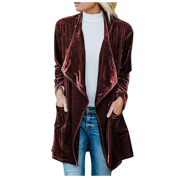 ManxiVoo Solid Color Long Sleeve Front Open Cardigan Jacket for Women Lightweight Coat with Side Pockets Versatile Outerwear M Size Wine