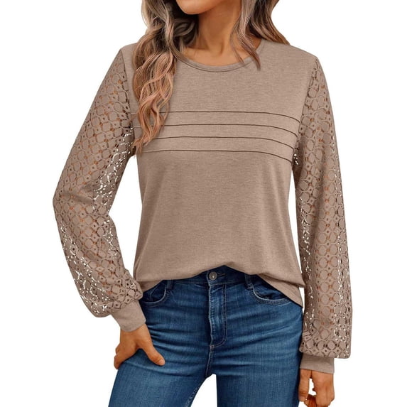 ManxiVoo Sophisticated Long Sleeve Blouse with Delicate Lace Detail Versatile Casual to Business Tops for Women 2025 Essential Wear S Size Khaki