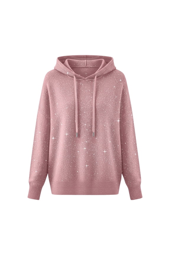 Sparkly Pullover Sweater for Women Festive Loose Hooded Top with Sequins Long Sleeve Comfortable Holiday Party Celebration Wear XXL Size Pink