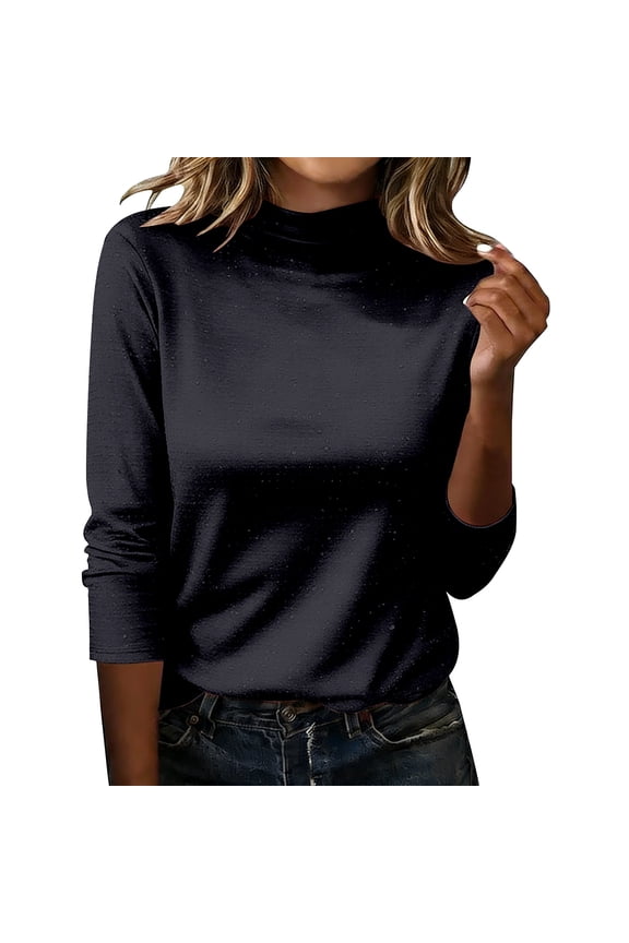 Sparkly Sequin Top for Women Turtleneck Soft Knit Pullover for Festive Evening and Party Occasions L Size Black