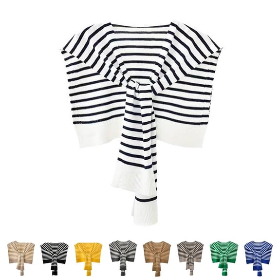 ManxiVoo Striped Knitted Shawl Cardigan Cape For Women Casual Open Front Shoulder Cover Up Sweater Scarf Wrap