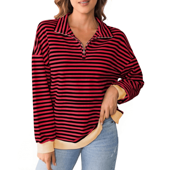 ManxiVoo Striped Quarter Zip Pullover Sweatshirt for Women Oversized Long Sleeve Casual Comfortable Fall Outfits L Size Red
