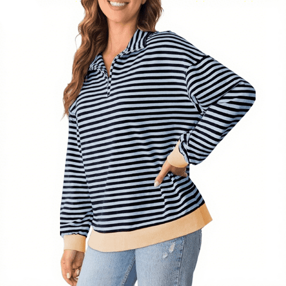 ManxiVoo Striped Quarter Zip Pullover Sweatshirt for Women Oversized Long Sleeve Casual Comfortable Fall Outfits M Size Black