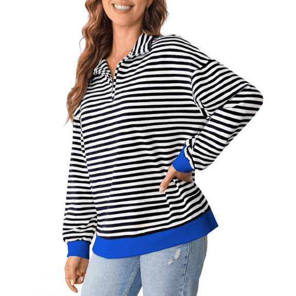 ManxiVoo Striped Quarter Zip Pullover Sweatshirt for Women Oversized Long Sleeve Casual Comfortable Fall Outfits M Size White