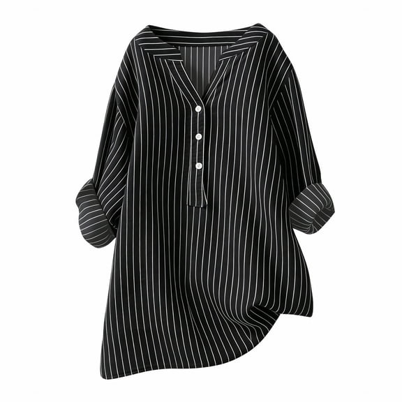 ManxiVoo Striped V Neck Short Sleeve Top for Women Bubble Texture Casual Comfort Tee with Relaxed Fit and Modern Style M Size Black