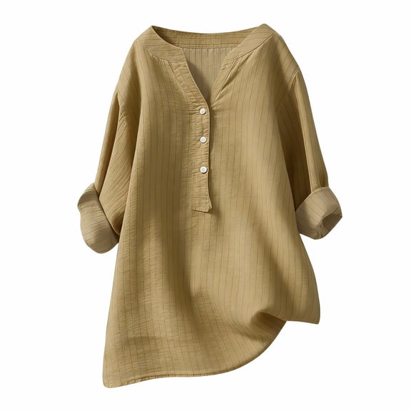 ManxiVoo Striped V Neck Short Sleeve Top for Women Bubble Texture Casual Comfort Tee with Relaxed Fit and Modern Style S Size Khaki