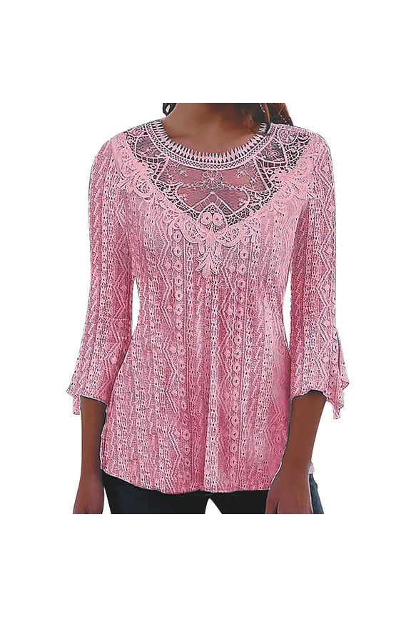 Summer Lace Panel Top Women's Three Quarter Sleeve See-Through Stitching Casual Chic Blouse for Outing XXL Size Red