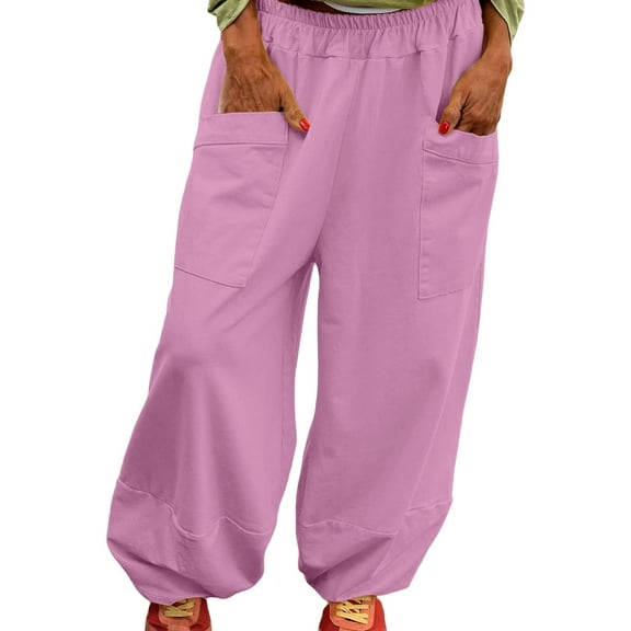 ManxiVoo Summer Lightweight High Elastic Waist Trendy Wide Leg Harem Pants with Pockets Casual Comfortable Lounge Trousers S Size Pink