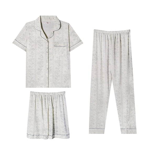 ManxiVoo Summer Short Sleeve Pajama Set 3 Piece with Lapel Top and Pants Plus Size Home Wear XXL Size Grey