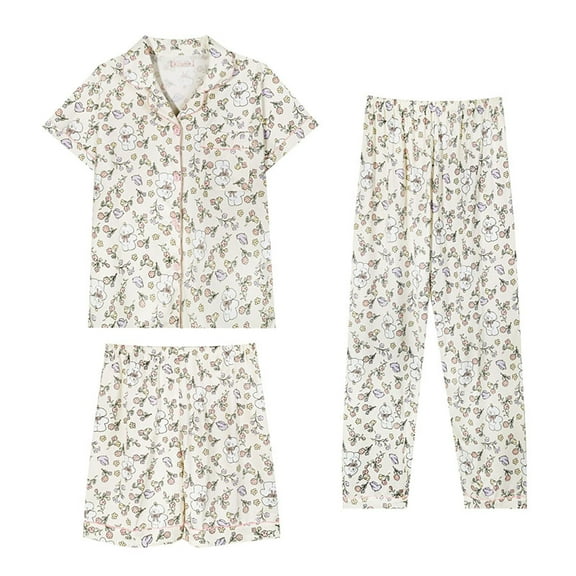 ManxiVoo Summer Short Sleeve Pajama Set 3 Piece with Lapel Top and Pants Plus Size Home Wear XXL Size White