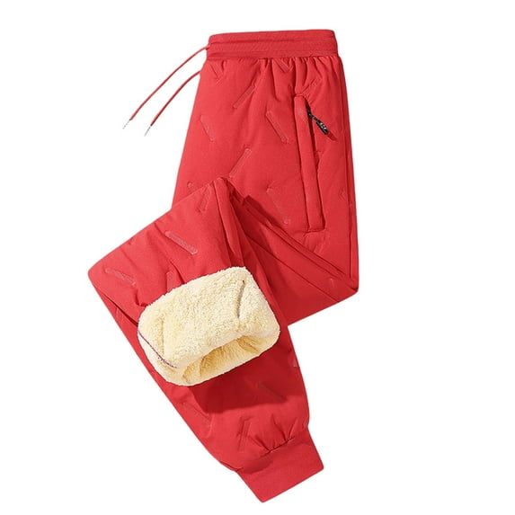 ManxiVoo Textured Cotton Thermal Pants for Women and Men Tapered Leg Winter Pants with Plush Lining and Secure Zipper Pockets for Unisex Fit M Size Red