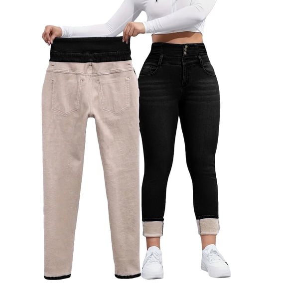 ManxiVoo Thermal Fleece Lined Jeans for Women Slim Fit High Waisted Denim Pants with Stretch Comfort for Cold Weather Skinny Style M Size Black