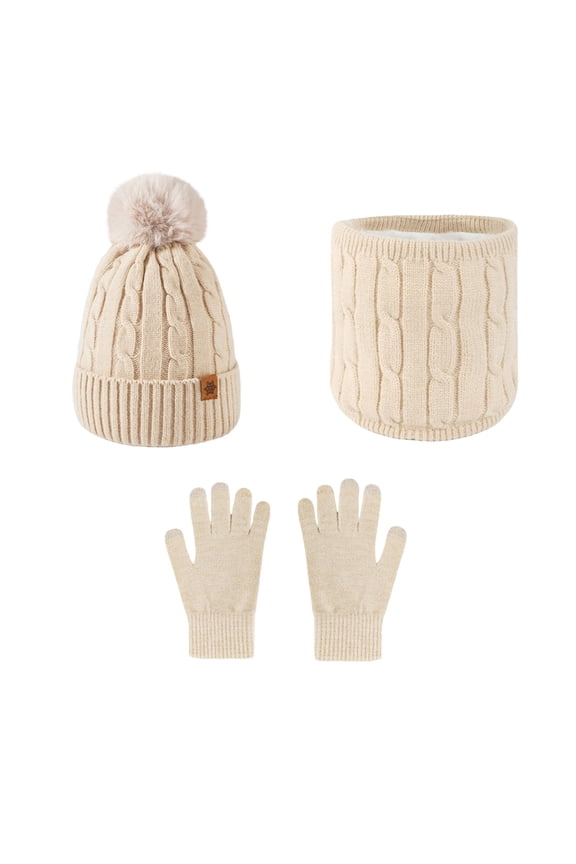Thermal Winter Hat Ear Warmer Scarf And Gloves Set 3Pcs Thick Soft Set With Touchscreen Capability For Women And Men Beige