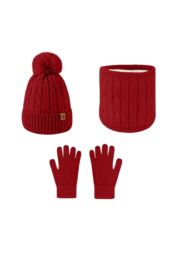 Thermal Winter Hat Ear Warmer Scarf And Gloves Set 3Pcs Thick Soft Set With Touchscreen Capability For Women And Men Red